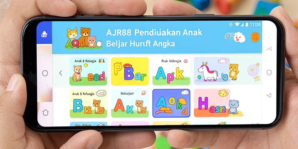 Antarmuka AJR88 yang interaktif dan ramah anak untuk belajar huruf dan angka.