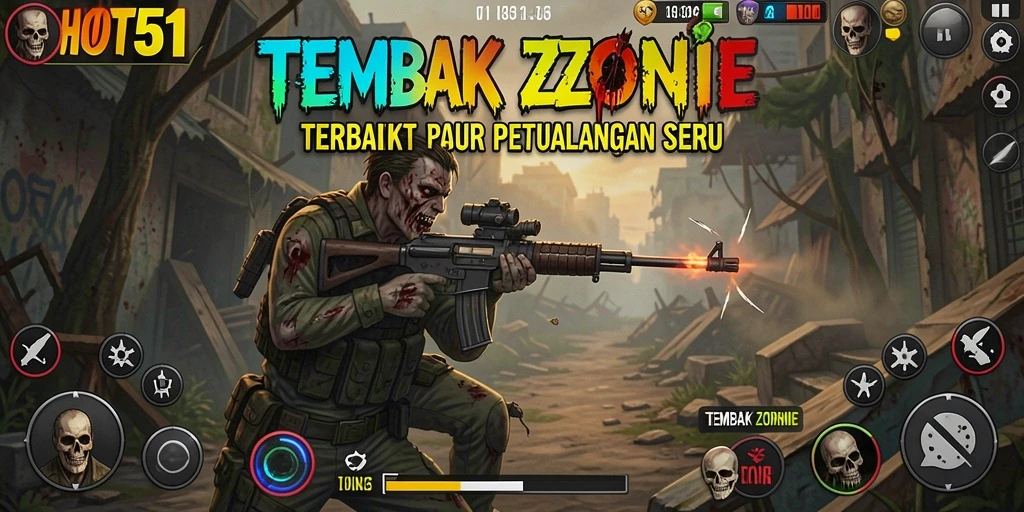 Antarmuka HOT51 menampilkan aksi menembak zombie yang mendebarkan.
