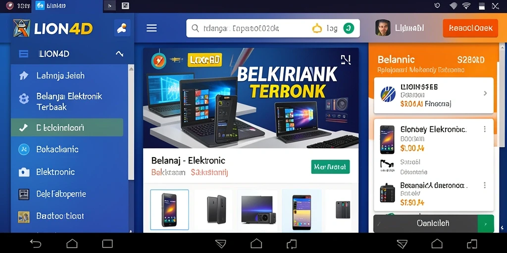 Screenshot utama aplikasi LION4D menampilkan antarmuka belanja elektronik yang modern.