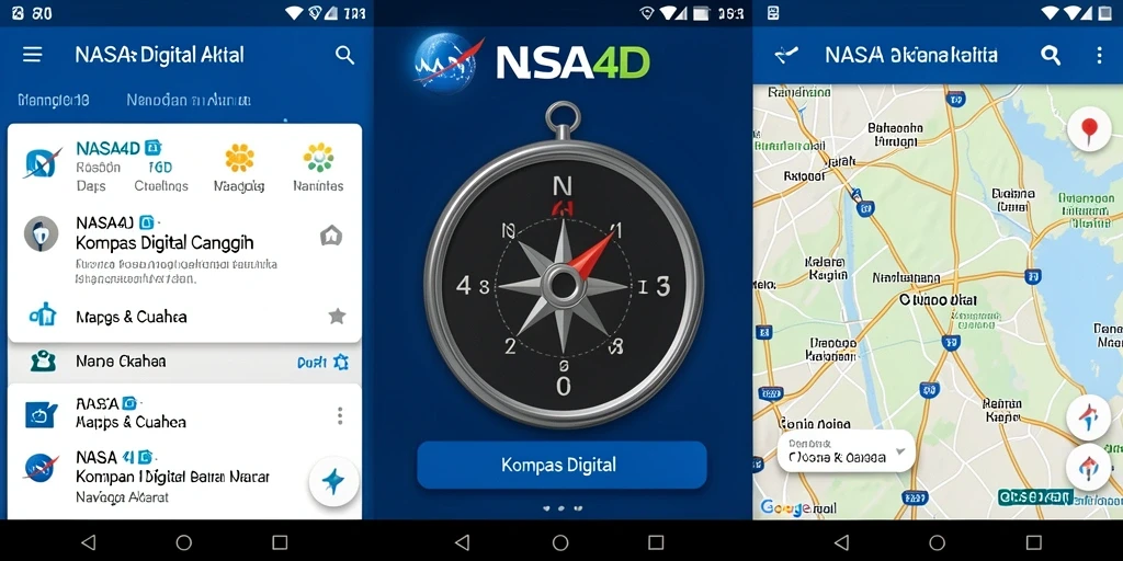 Antarmuka aplikasi NASA4D yang menampilkan kompas digital dan peta navigasi.
